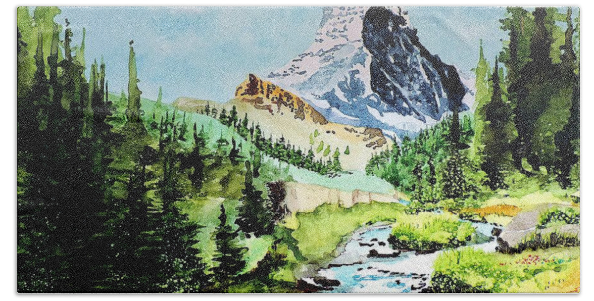 Matterhorn Hand Towel featuring the painting You Must Be At Least THIS Tall... by Tom Riggs