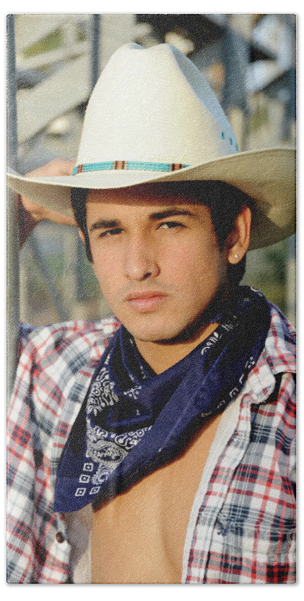 Cowboy Bath Towel featuring the photograph Young Cowboy in White Cowboy Hat by Gunther Allen