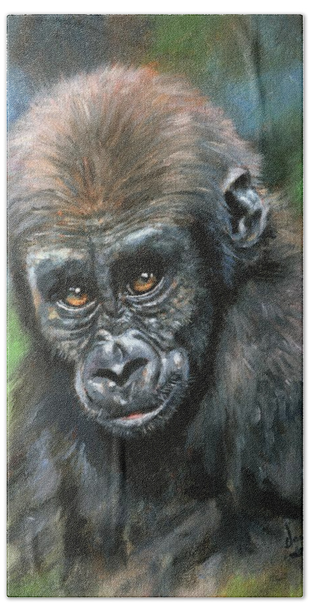 Gorilla Hand Towel featuring the painting Young Gorilla by David Stribbling