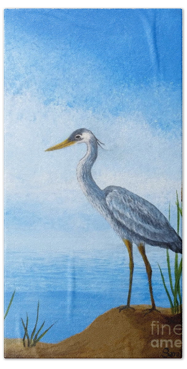 Young Hand Towel featuring the painting Young Heron by Sarah Irland
