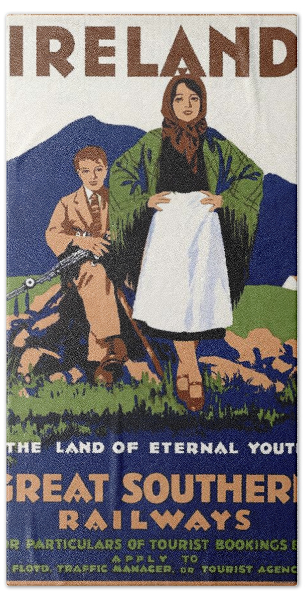 Ireland Hand Towel featuring the painting Young Irish girl and boy on a meadow - Countryside - Vintage Travel Poster by Studio Grafiikka