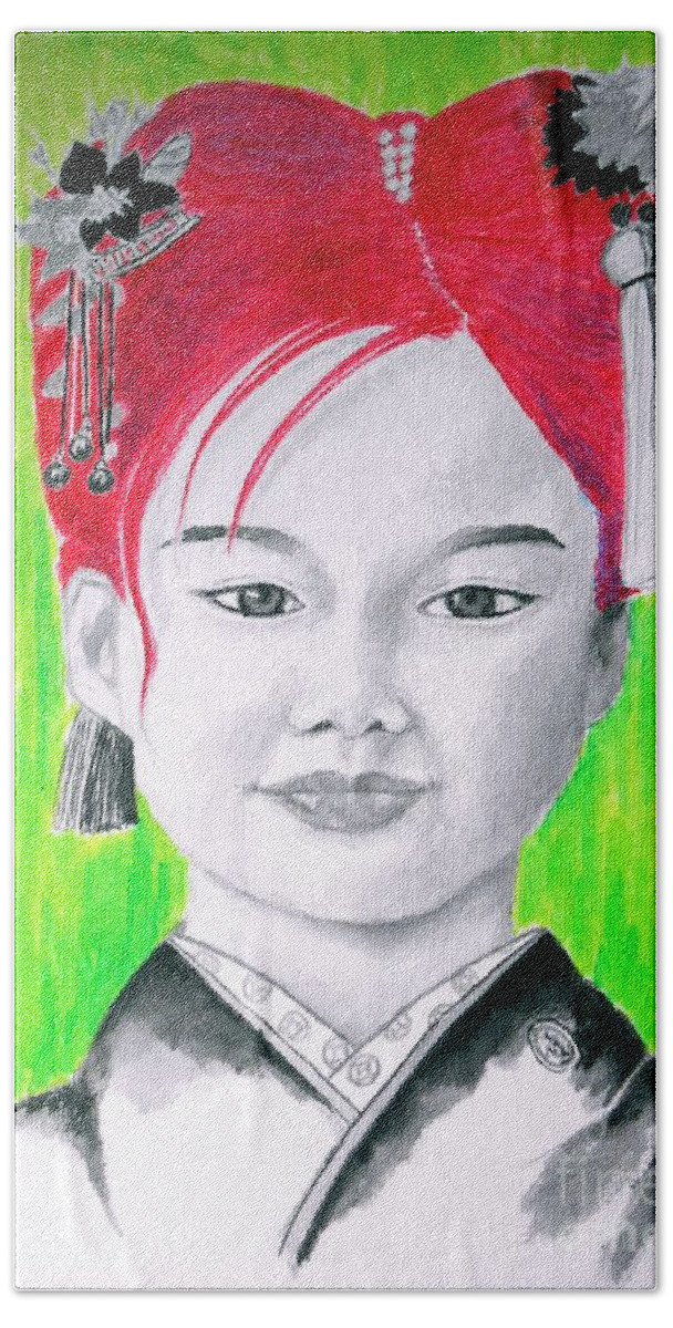 Japanese Bath Towel featuring the painting Young Japanese Beauty -- Portrait of Japanese Girl by Jayne Somogy