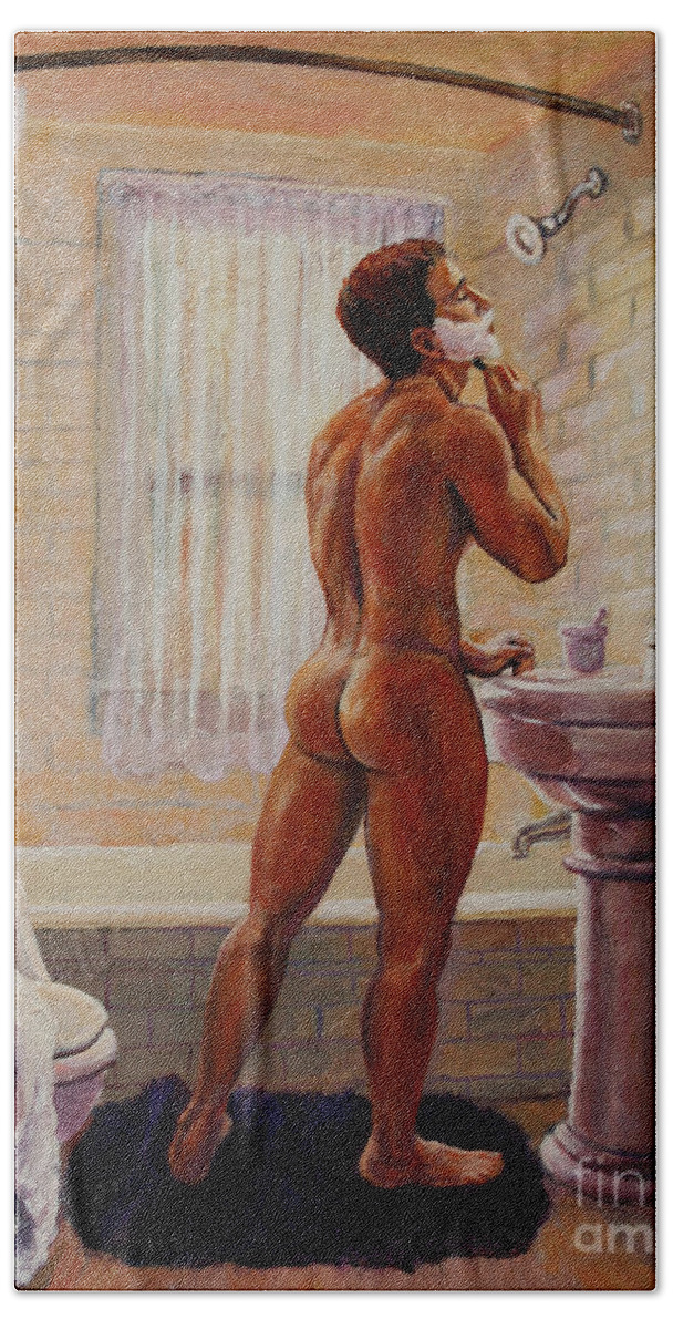 Bathroom Bath Sheet featuring the painting Young Man Shaving by Marc DeBauch