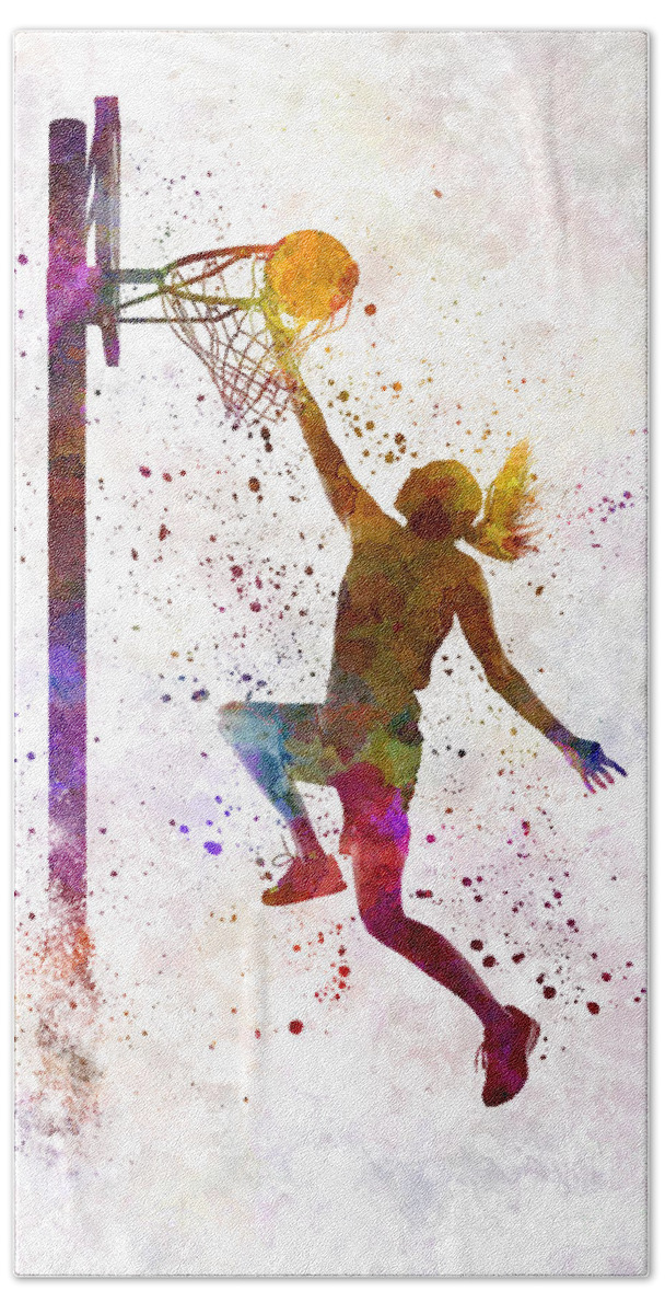 Young Woman Player In Watercolor Hand Towel featuring the painting Young woman basketball player 04 in watercolor by Pablo Romero