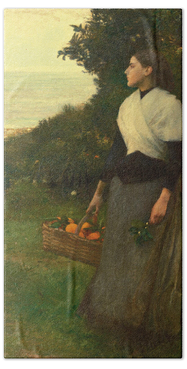 Pascal-adolphe-jean Dagnan-bouveret Bath Towel featuring the painting Young Woman in a Garden of Oranges by Pascal-Adolphe-Jean Dagnan-Bouveret