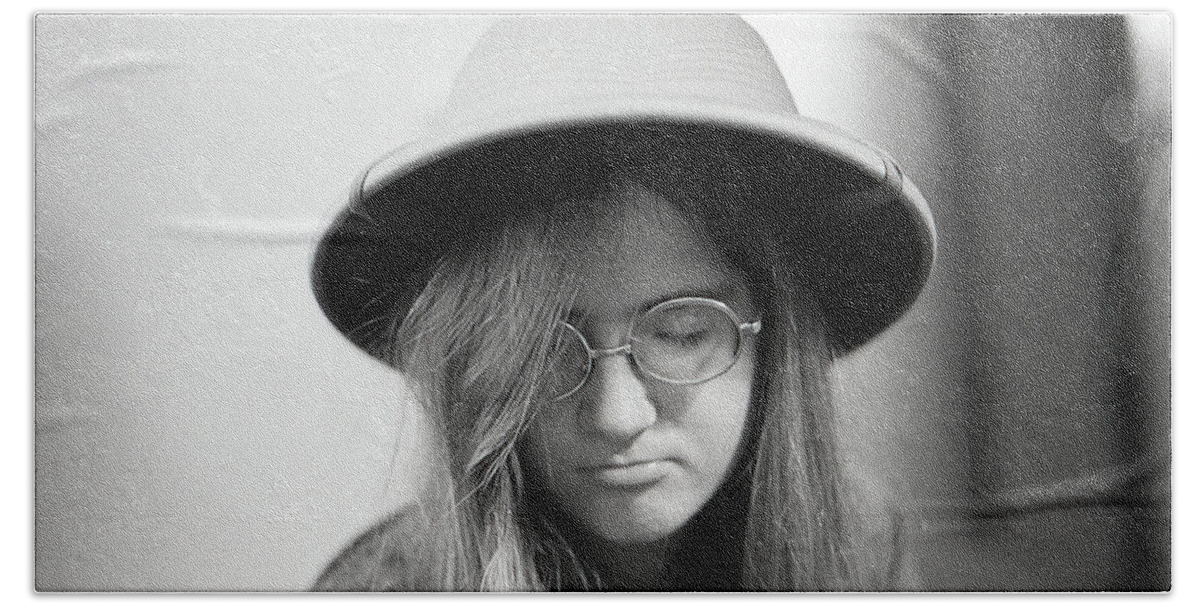 Pith Helmet Hand Towel featuring the photograph Young Woman with Long Hair, Wearing a Pith Helmet, 1972 by Jeremy Butler