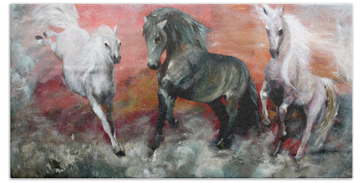 Wild Horses Hand Towel featuring the painting Diablo's Return by Barbie Batson