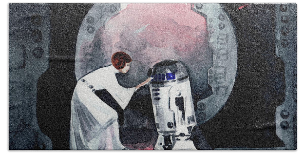 Princess Leia Bath Towel featuring the painting You're My Only Hope Princess Leia and R2D2 by Laura Row