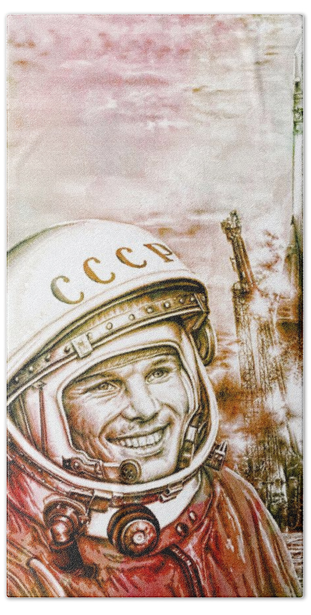 Yuri Gagarin Bath Towel featuring the painting Yuri Gagarin - Cosmonaut 1961 Watercolor by Ian Gledhill