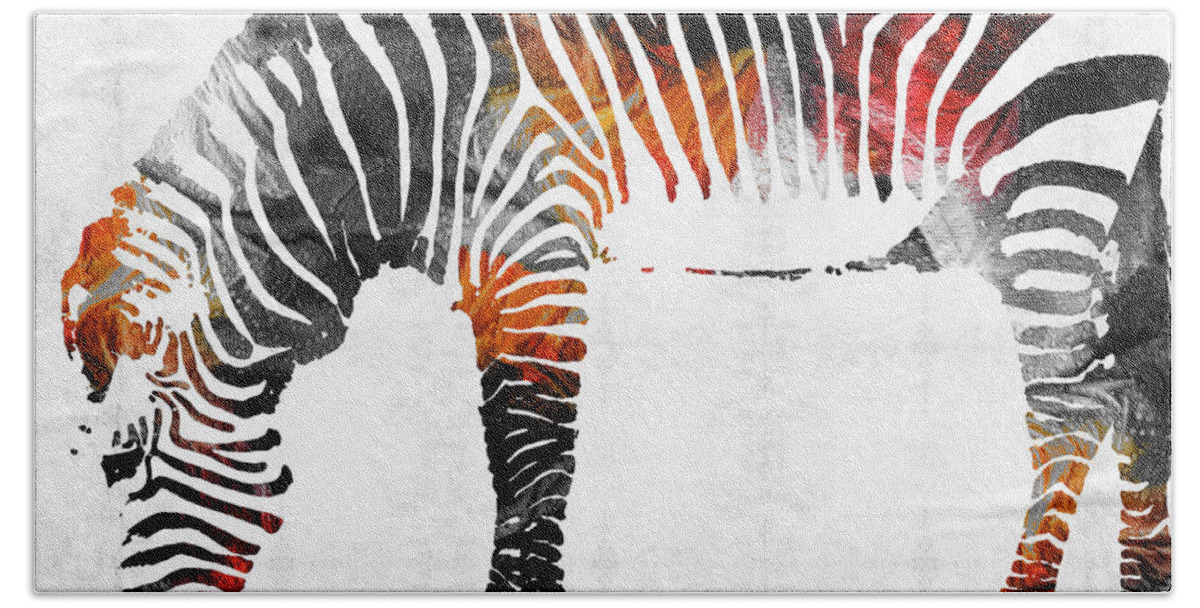 Zebra Hand Towel featuring the painting Zebra Black White And Red Orange by Sharon Cummings by Sharon Cummings