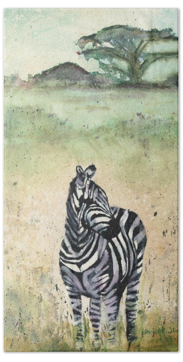 Zebra Hand Towel featuring the painting Zebra by Denice Palanuk Wilson