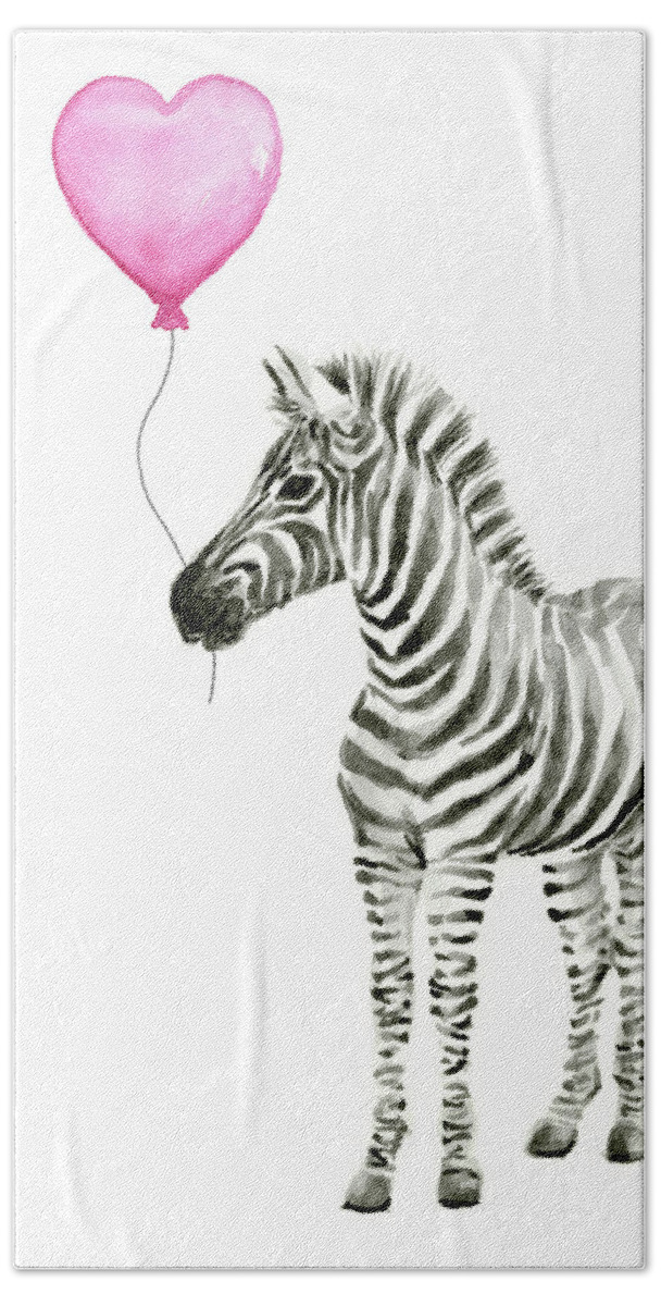 Zebra Hand Towel featuring the painting Zebra Watercolor Whimsical Animal with Balloon by Olga Shvartsur