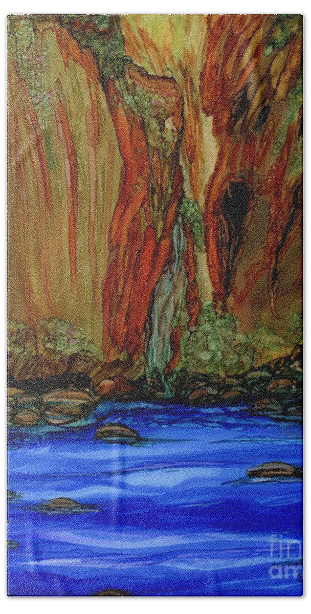 Canyon Bath Towel featuring the painting Zion Canyon River Walk by Eunice Warfel