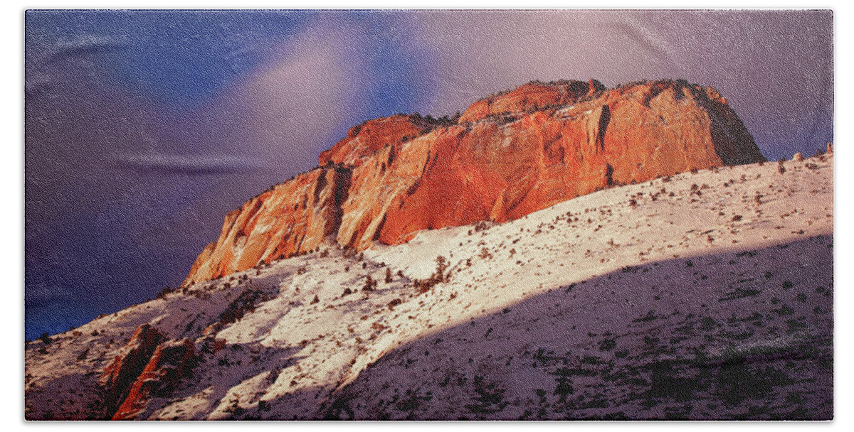 Zion Bath Towel featuring the photograph Zion's East Temple at Sunset by Daniel Woodrum