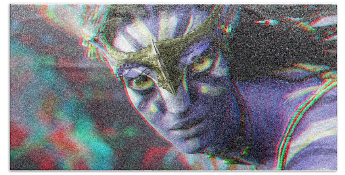 3d Bath Towel featuring the photograph Zoe Saldana - Neytiri - Use Red and Cyan 3D glasses by Brian Wallace