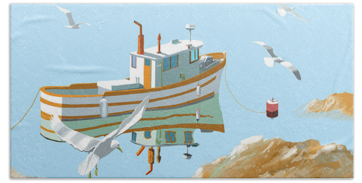 Seagull Sea Gull Sea Ocean Lake River Fish Boat Fishing Troller Trawler Sailing Sailboat Landscape Seascape Bath Towel featuring the digital art A contemplation of seagulls #2 by Gary Giacomelli