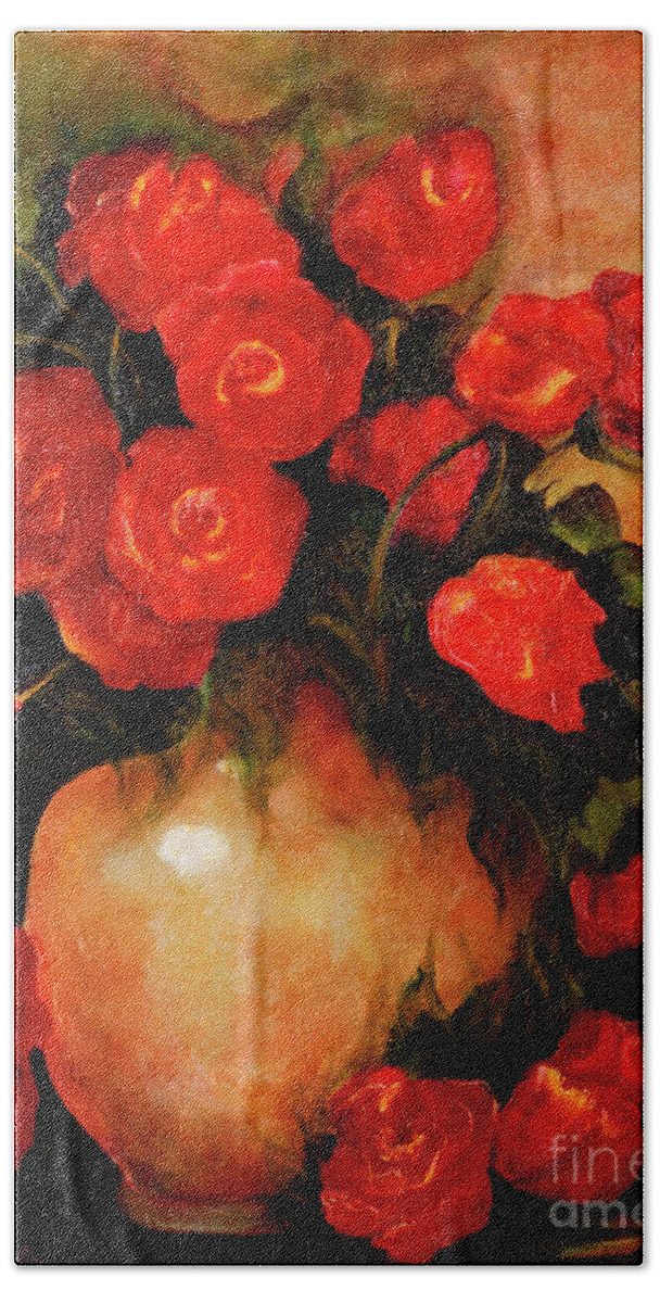 Redroses Bath Towel featuring the painting Antique Red Roses by Jordana Sands