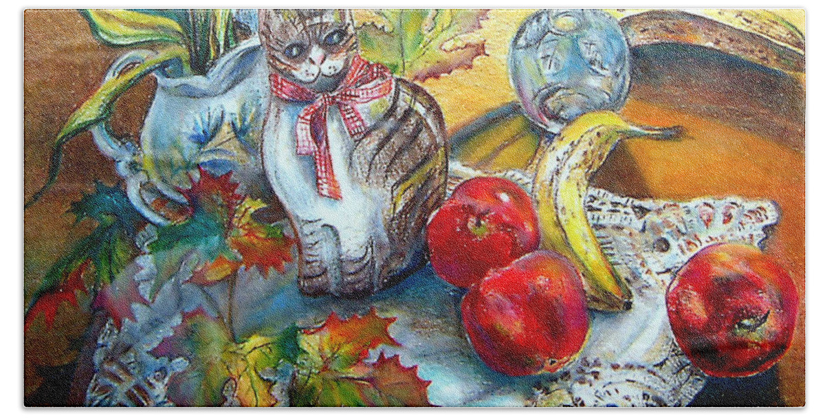 Ceramic Bath Towel featuring the painting Apple Cat by Linda Shackelford