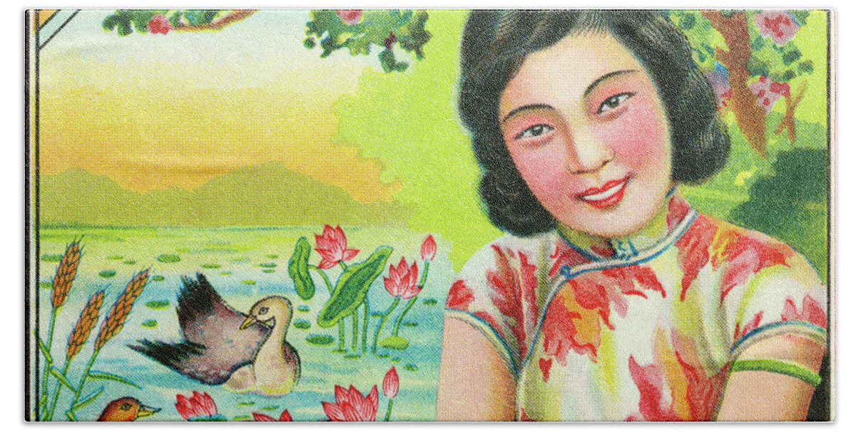 Adult Hand Towel featuring the drawing Asian Woman in a Garden #1 by CSA Images