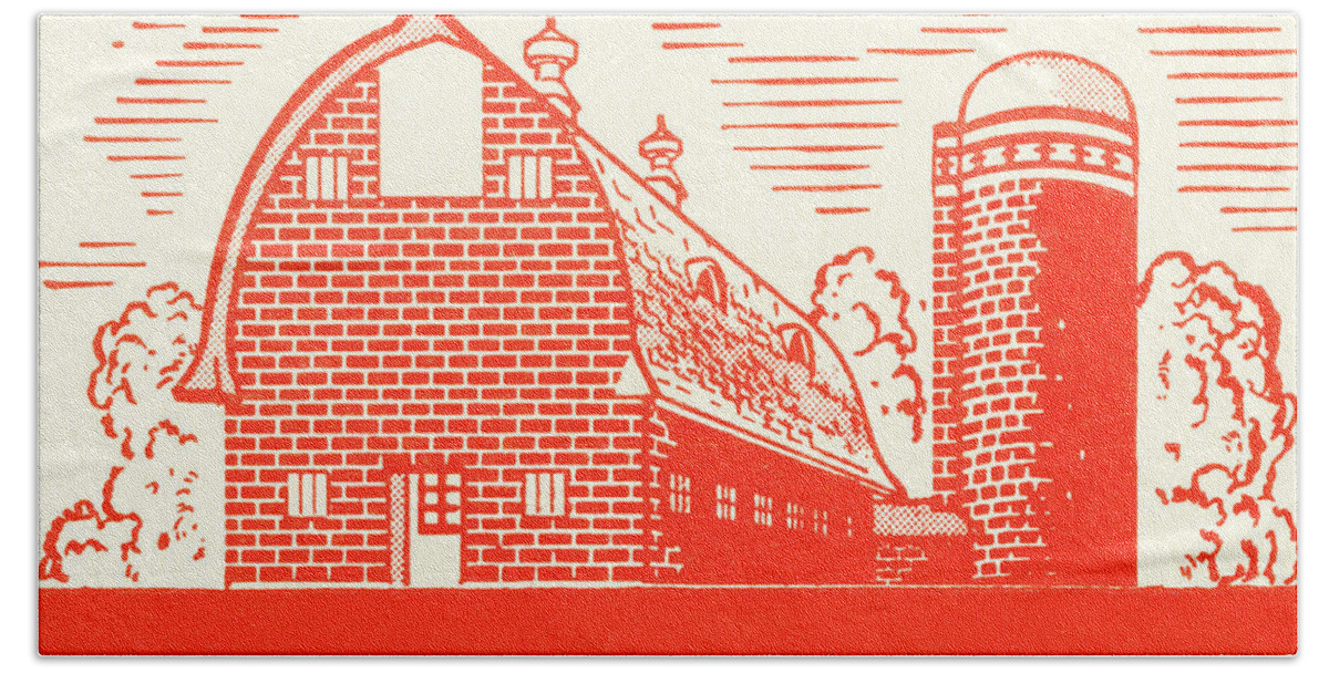 Agriculture Hand Towel featuring the drawing Barn and silo #1 by CSA Images