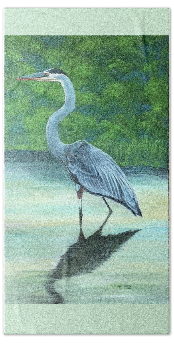 Heron Bath Towel featuring the painting Blue Heron by Jeanette Jarmon