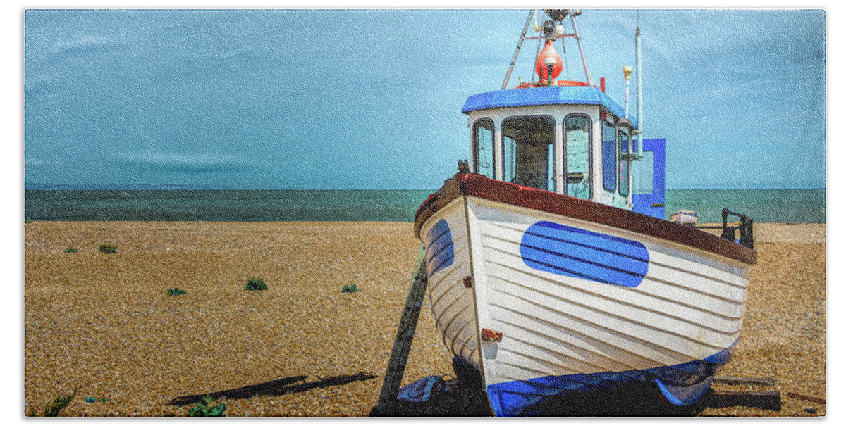 Dungeness Hand Towel featuring the digital art Boat On A Beach #1 by Rick Deacon
