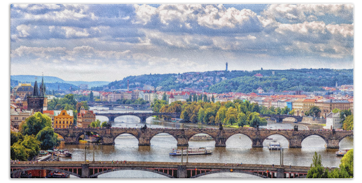 River Bath Towel featuring the photograph Bridge and rooftops of Prague #6 by Vivida Photo PC