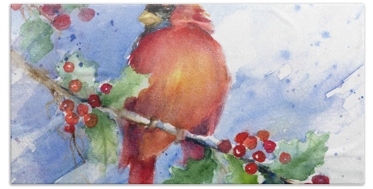 Cardinal Hand Towel featuring the painting Cardinal On Holly Branch by Lanie Loreth