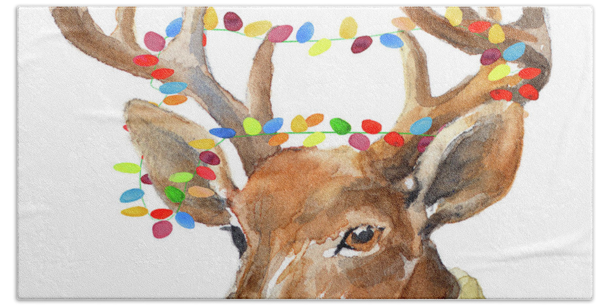 Christmas Hand Towel featuring the painting Christmas Lights Reindeer Sweater by Lanie Loreth