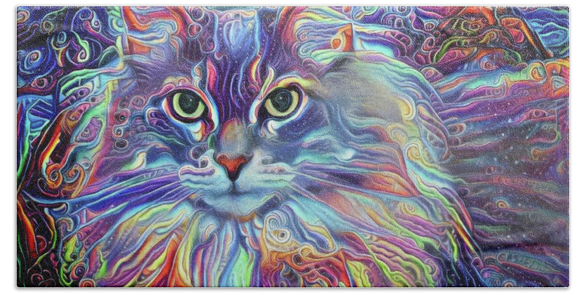 Long Haired Cat Bath Sheet featuring the digital art Colorful Long Haired Cat Art by Peggy Collins