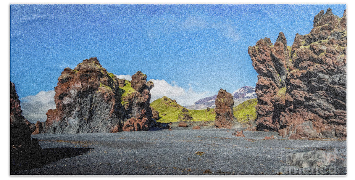 Lava Bath Towel featuring the photograph Djupalonssandur beach, Iceland by Lyl Dil Creations
