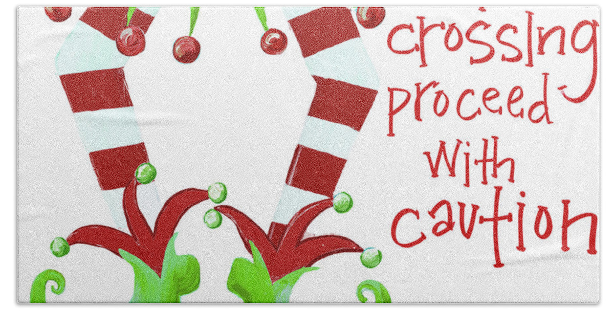 Elf Bath Towel featuring the painting Elf Crossing Proceed With Caution #1 by Gina Ritter