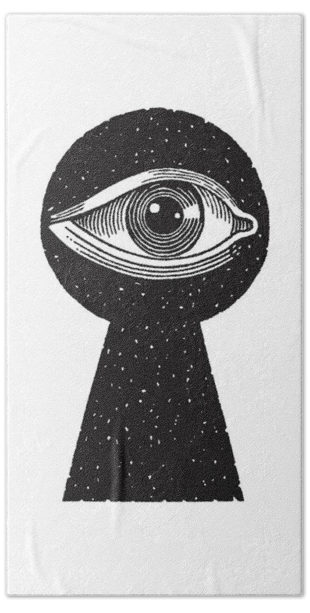 Archive Hand Towel featuring the drawing Eye Looking Through Keyhole #1 by CSA Images