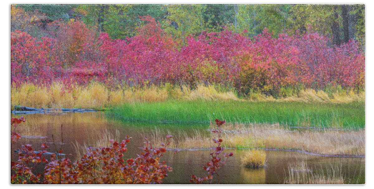 Outdoor; Fall; Colors; Autumn; River; Reflection; Nason Creek; Cascade; Central Cascade; Washington Beauty; Pacific North West; Washington; Washington State Bath Towel featuring the digital art Fall Colors in Central Cascade #1 by Michael Lee