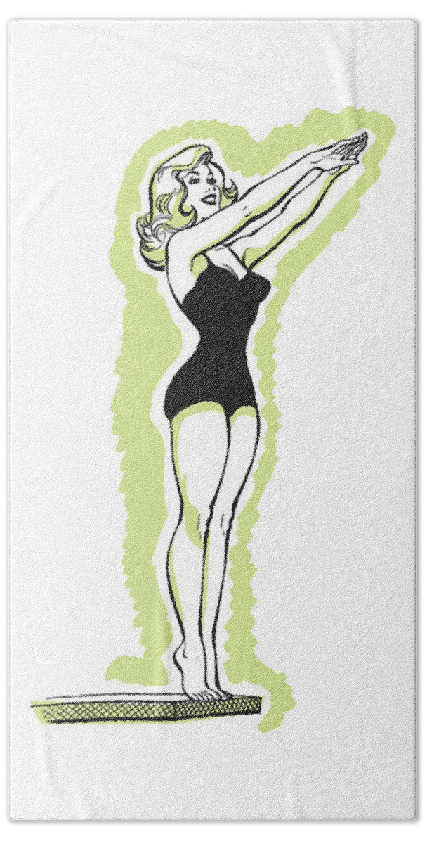 Activity Hand Towel featuring the drawing Female Diver Ready to Jump #1 by CSA Images