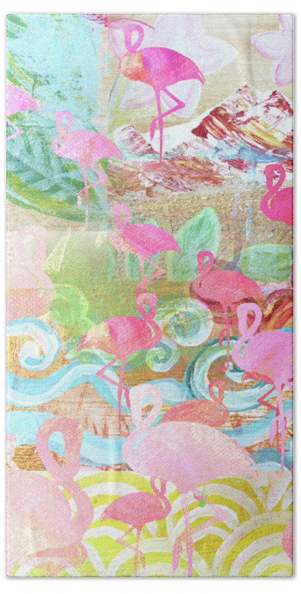 Flamingo Collage Bath Towel featuring the mixed media Flamingo Collage by Claudia Schoen