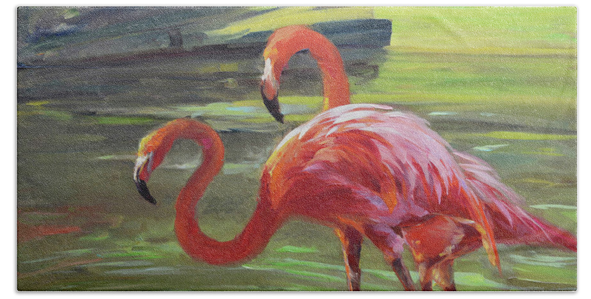 Tropical Hand Towel featuring the painting Flamingo IIi by Chuck Larivey