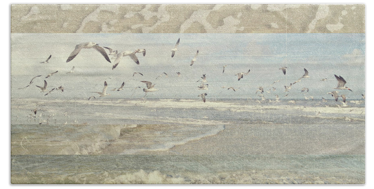 Flying Hand Towel featuring the painting Flying Beach Birds I by Dan Meneely