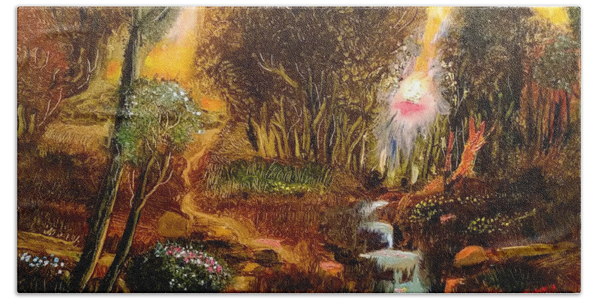 Nature Hand Towel featuring the painting Garden in the Wild #1 by Mike Benton