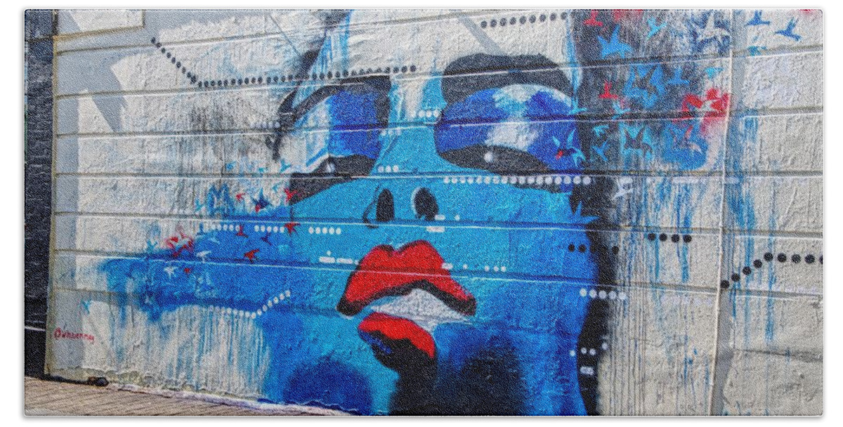 Graffiti Bath Towel featuring the photograph Graffiti Art Painting Of Blue Woman #1 by Raymond Hill