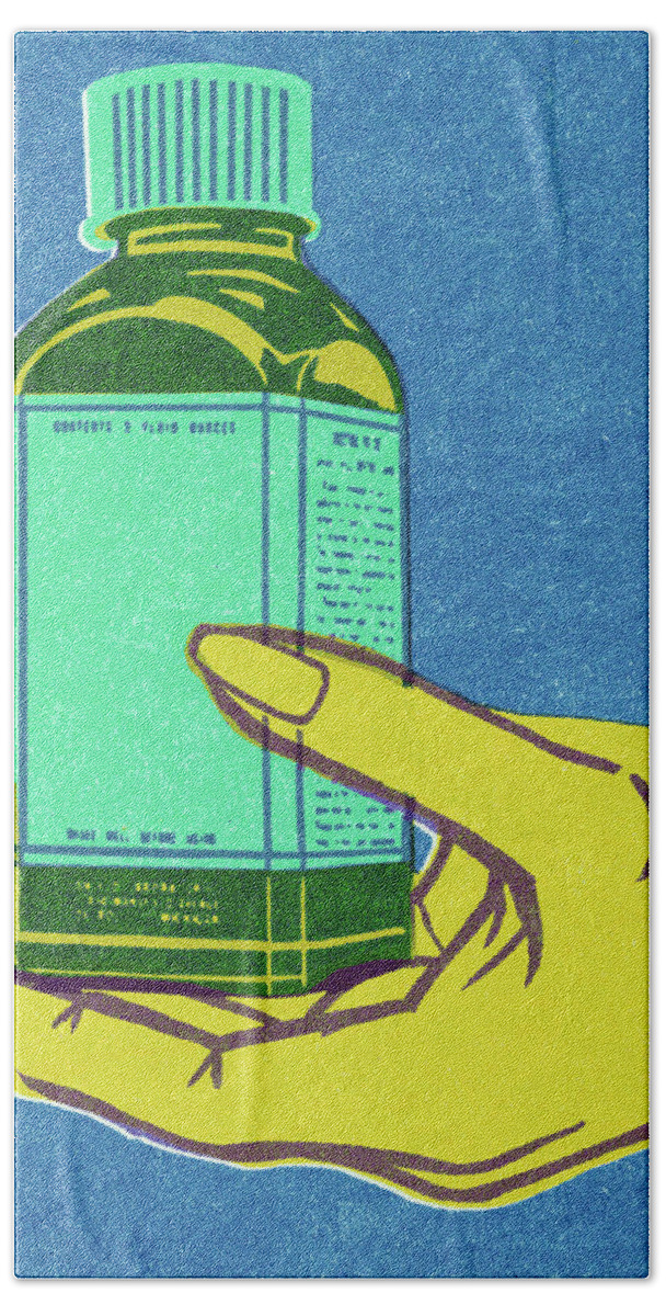 Blue Background Hand Towel featuring the drawing Hand Holding a Medicine Bottle #1 by CSA Images