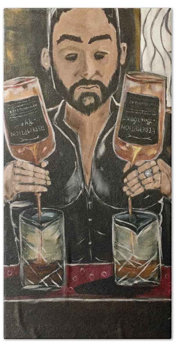 Bartender Bath Towel featuring the painting He's Crafty featuring Mark by Roxy Rich