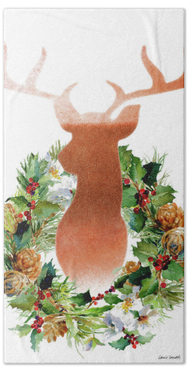 Holiday Hand Towel featuring the painting Holiday Wreath With Deer by Lanie Loreth