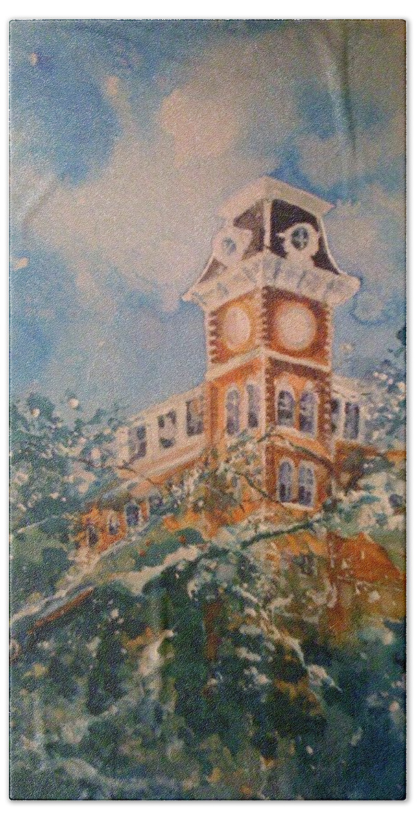University Of Arkansas Hand Towel featuring the painting Ice on Old Main by Robin Miller-Bookhout