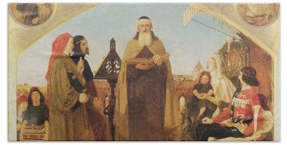 Brown Bath Towel featuring the painting John Wycliffe reading his translation of the bible to John of Gaunt #1 by Ford Madox Brown