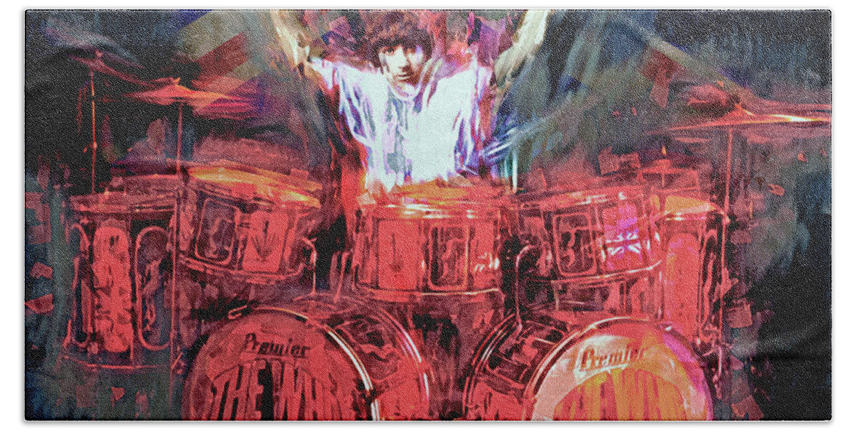 Keith Moon Bath Towel featuring the mixed media Keith Moon #1 by Mal Bray