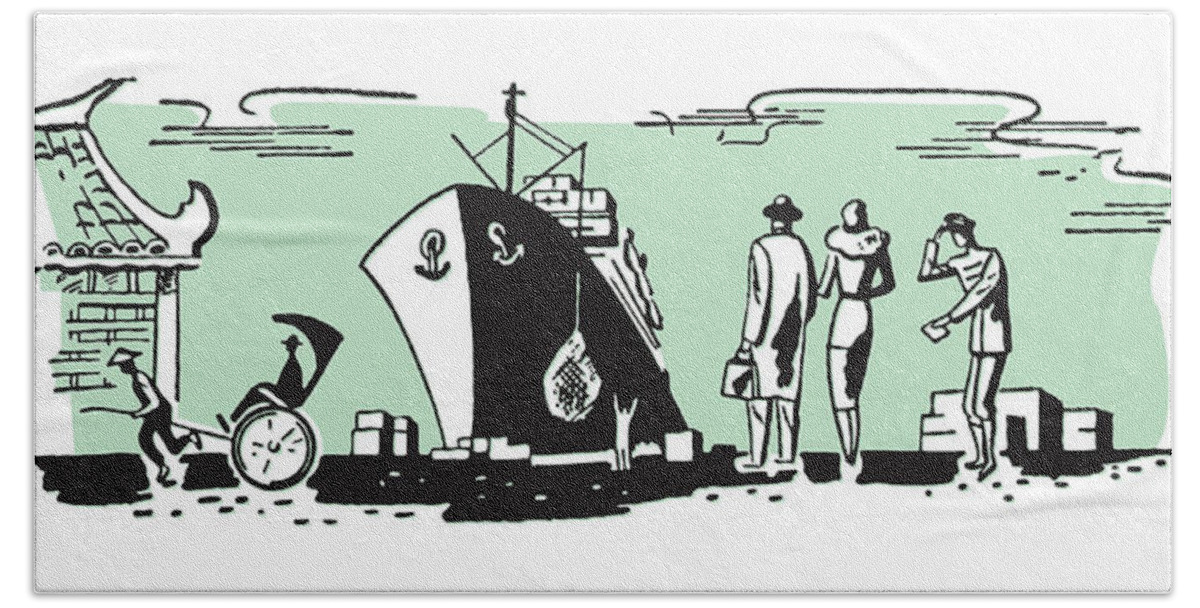 Activity Hand Towel featuring the drawing Large Ship Docked in Asian Port #1 by CSA Images
