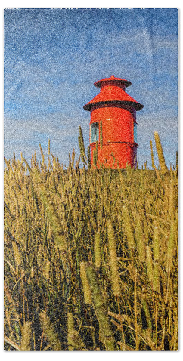 Lighthouse Bath Towel featuring the photograph Lighthouse in Stykkisholmur, Iceland by Lyl Dil Creations