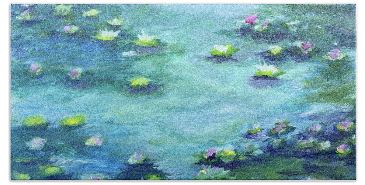 Water Lilies Bath Towel featuring the painting Lily Pond by Roxy Rich