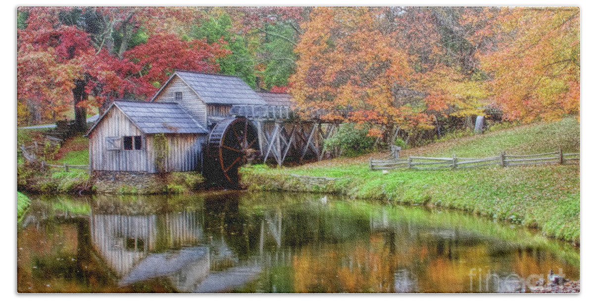Mabry Mill Bath Towel featuring the photograph Mabry Mill in Autumn by Joan Bertucci